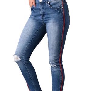 Seven7 size 10 mid rise ankle distressed skinny jeans with red stripes down legs